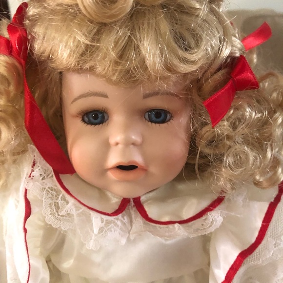 Christmas Around The World Porcelain Blonde Curly Haired Doll 14” h x 10” w - Picture 3 of 6